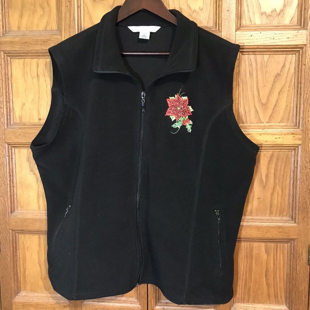 Tri Mountain Christmas Poinsettia Vest Womens 2XL Embroidered Fleece Zip Pockets